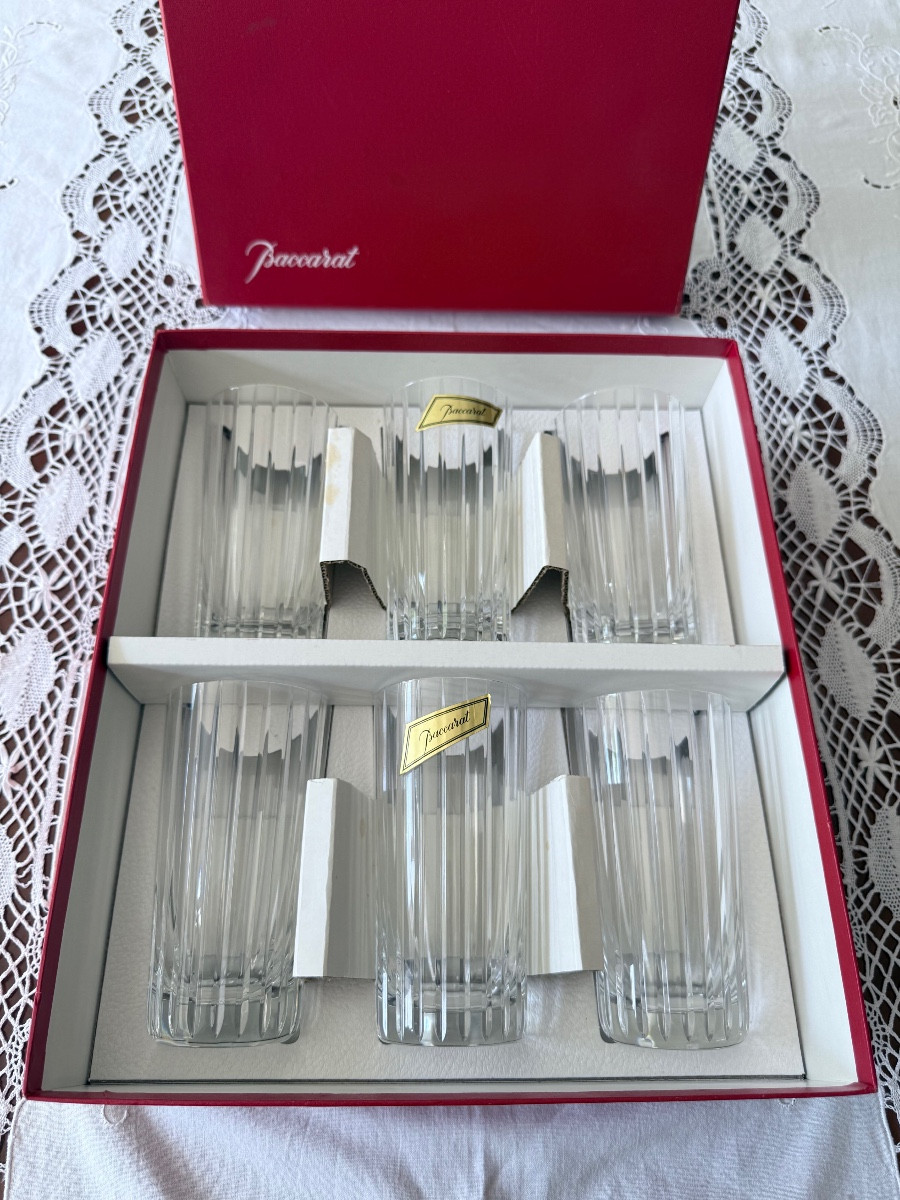 Baccarat Harmonie – Rare Set Of 6 Luxury French Crystal Tankards In Original Box -photo-2