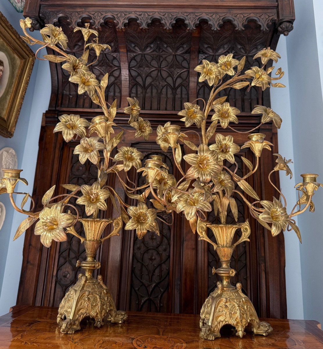 Pair Of 19th Century Gilt Bronze Bouquet Candelabra In The Louis XVI Style-photo-2