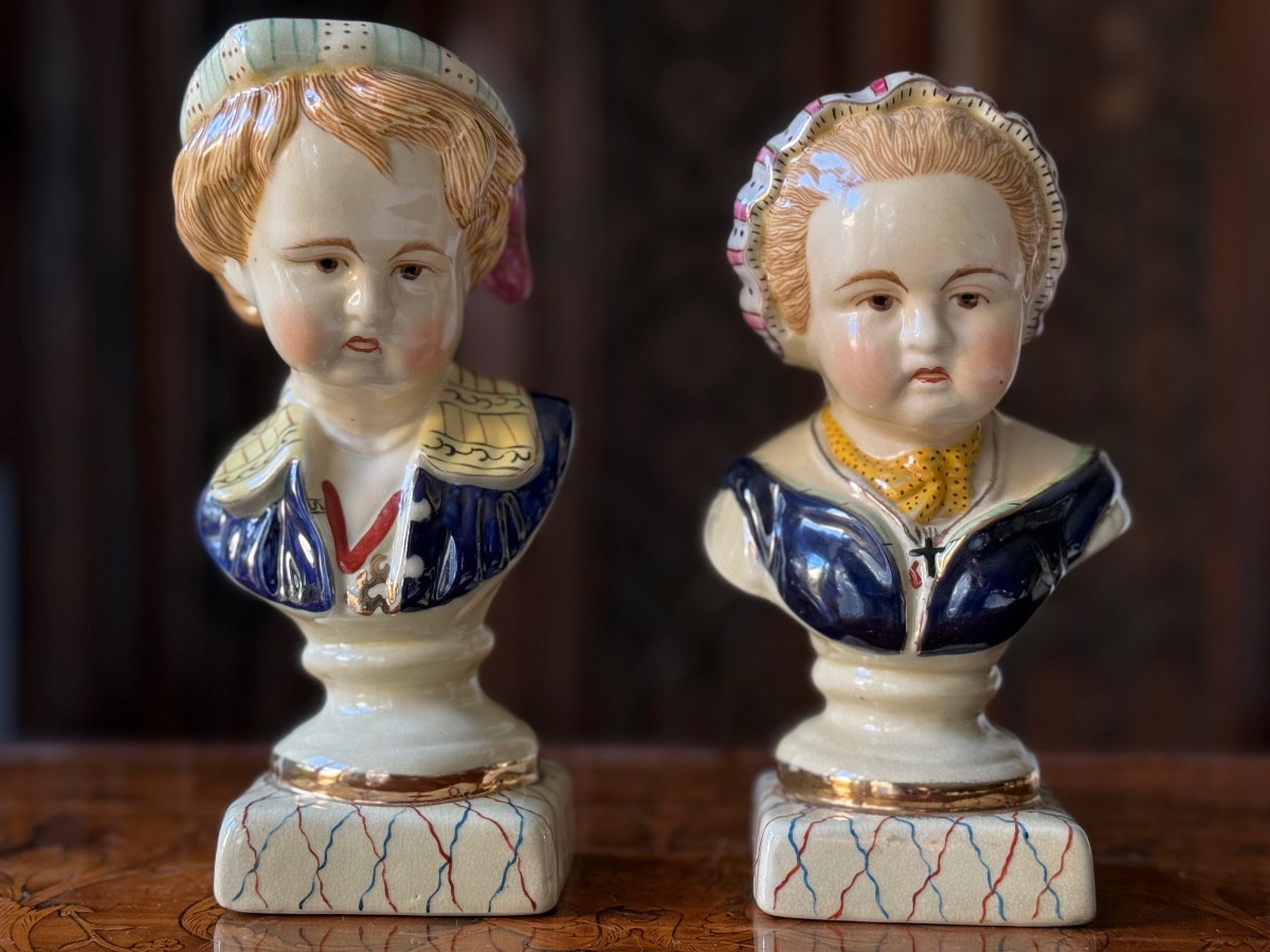 Pair Of Glazed Porcelain Busts Of Children, Staffordshire, England, 20th C