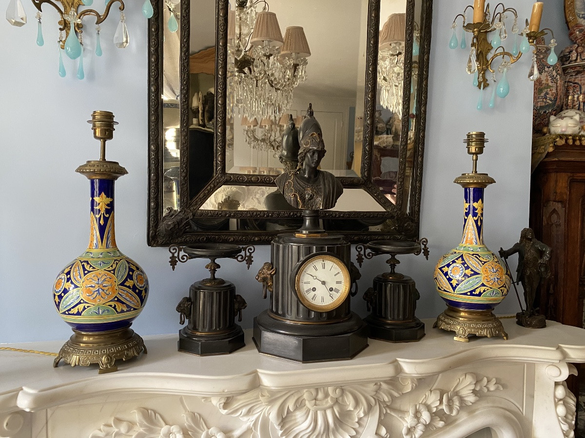 Paire de grande lampe en faïence polychrome de Gien, monture en bronze, XIX siècle -photo-3