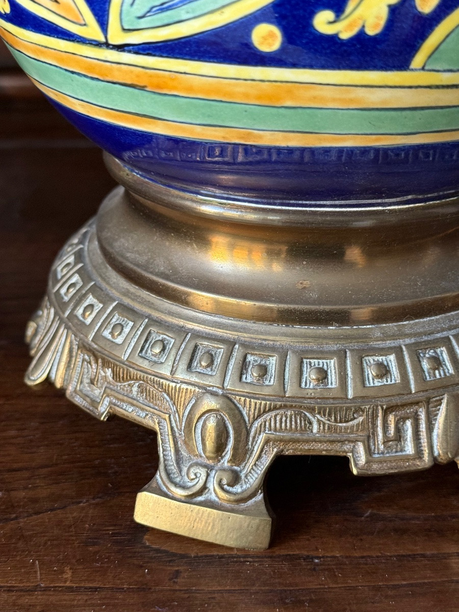 Paire de grande lampe en faïence polychrome de Gien, monture en bronze, XIX siècle -photo-8