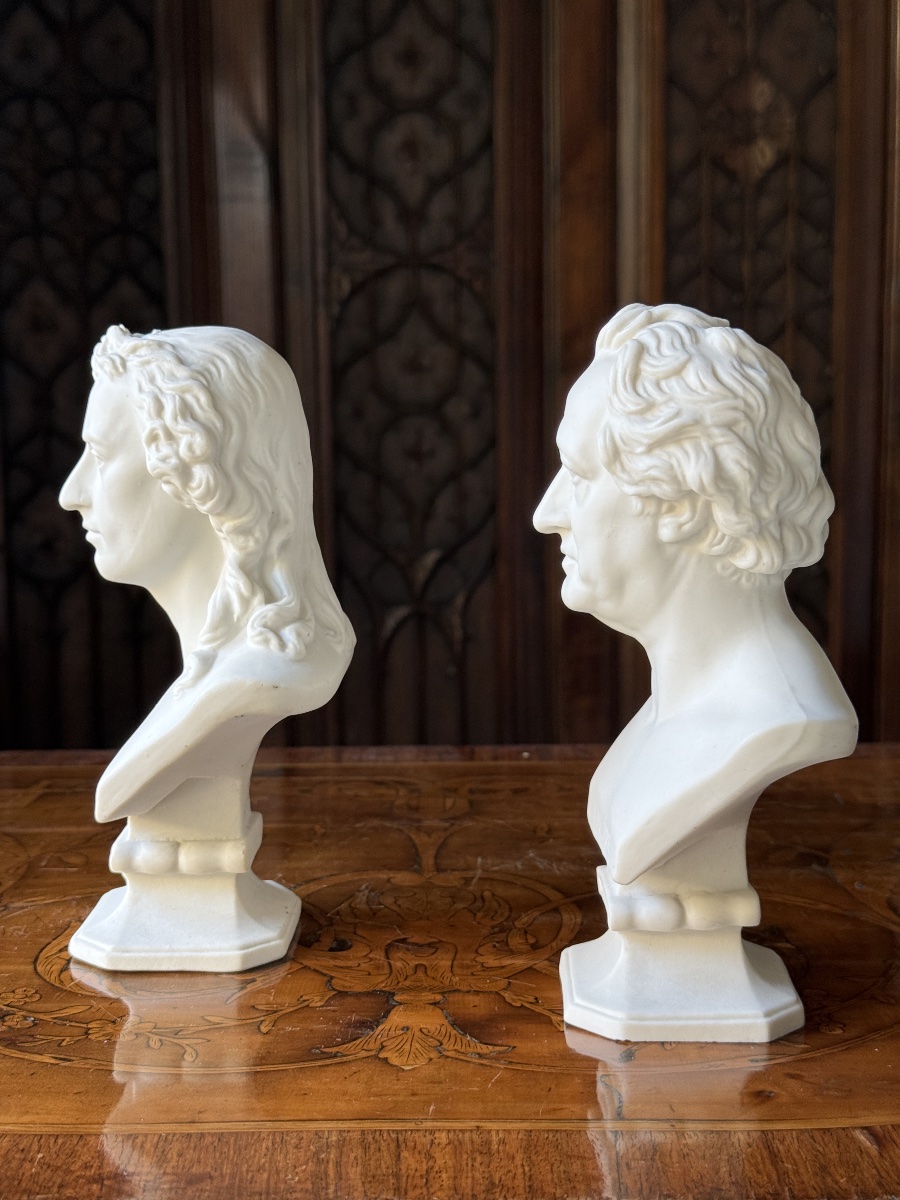 Pair Of Busts Of Friedrich Schiller And Johann Wolfgang Von Goethe, White Biscuit Porcelain, Germany -photo-2