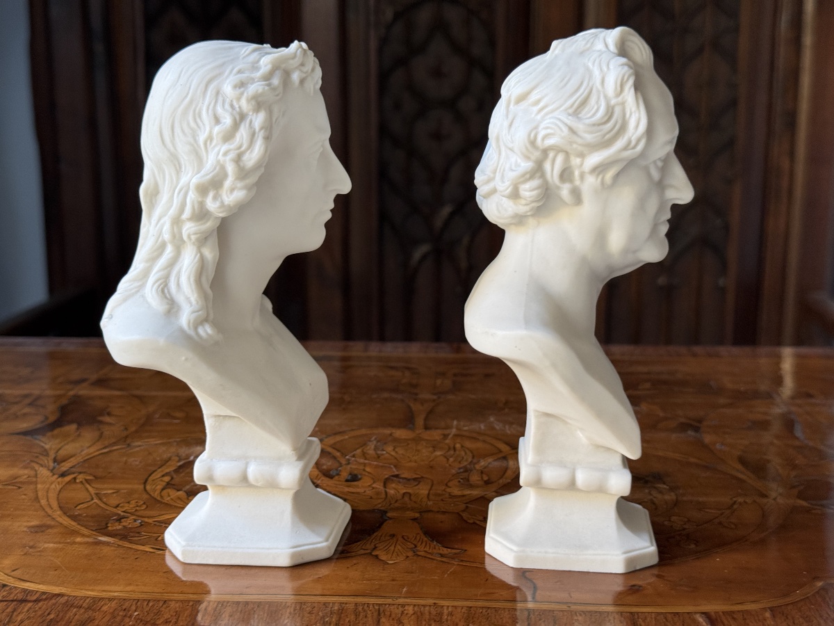 Pair Of Busts Of Friedrich Schiller And Johann Wolfgang Von Goethe, White Biscuit Porcelain, Germany -photo-3
