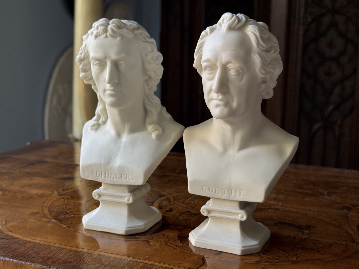 Pair Of Busts Of Friedrich Schiller And Johann Wolfgang Von Goethe, White Biscuit Porcelain, Germany -photo-4