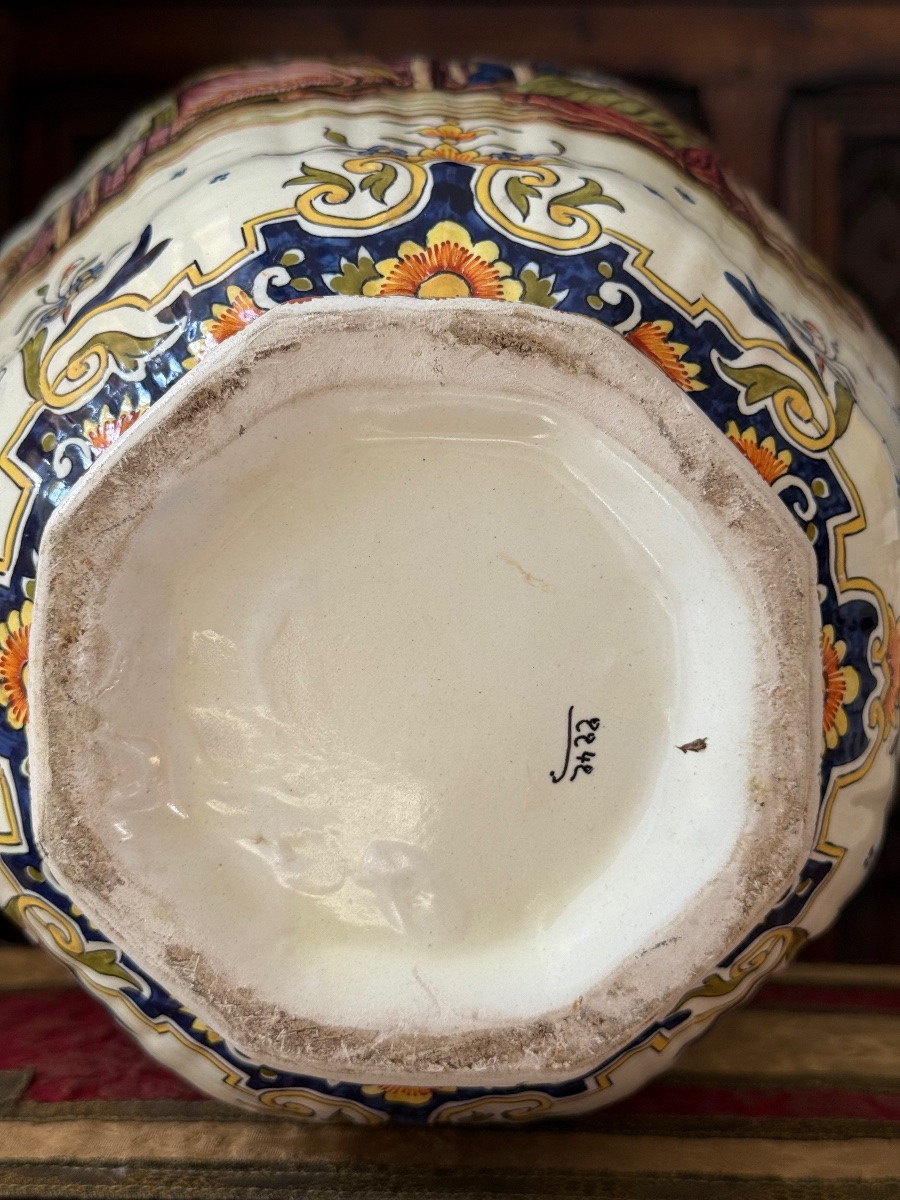 Large Covered Baluster Vase In Hand-painted Polychrome Earthenware - Desvres, 20th Century-photo-6