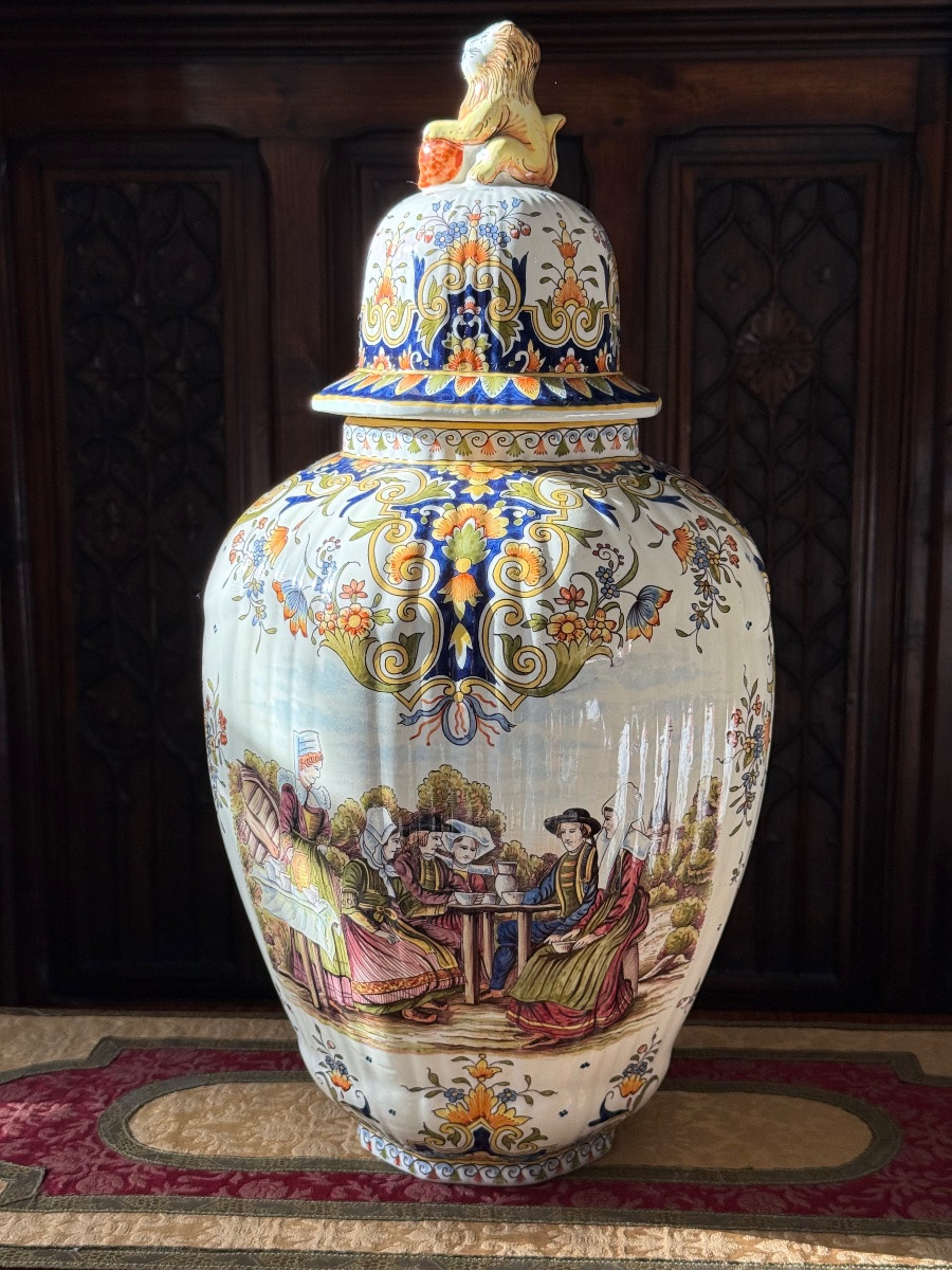 Large Covered Baluster Vase In Hand-painted Polychrome Earthenware - Desvres, 20th Century-photo-7
