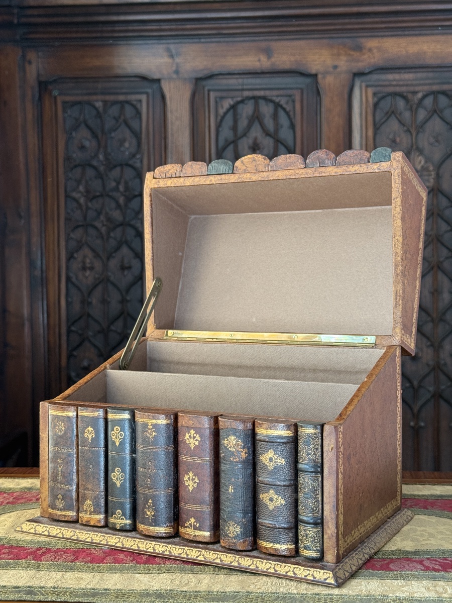 Trompe-l'oeil Leather And Wood Bookcase/mailbox - 19th Century-photo-2