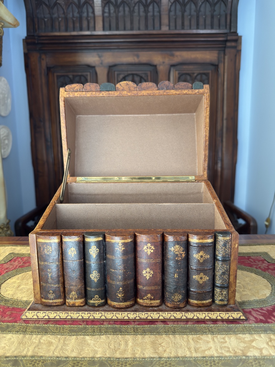 Trompe-l'oeil Leather And Wood Bookcase/mailbox - 19th Century-photo-4