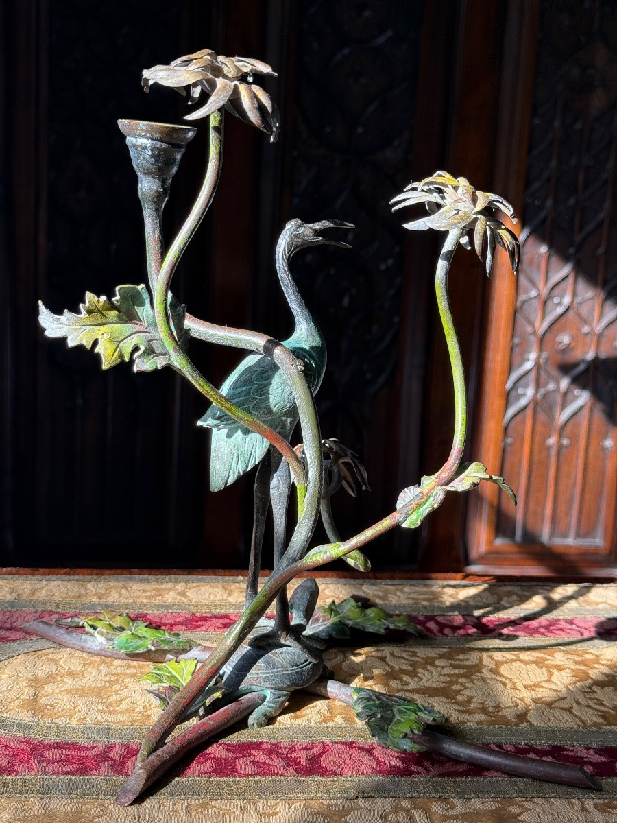 Sculpture décorative en bronze, candélabre à esthétique japonisante -École française XXᵉ-photo-4