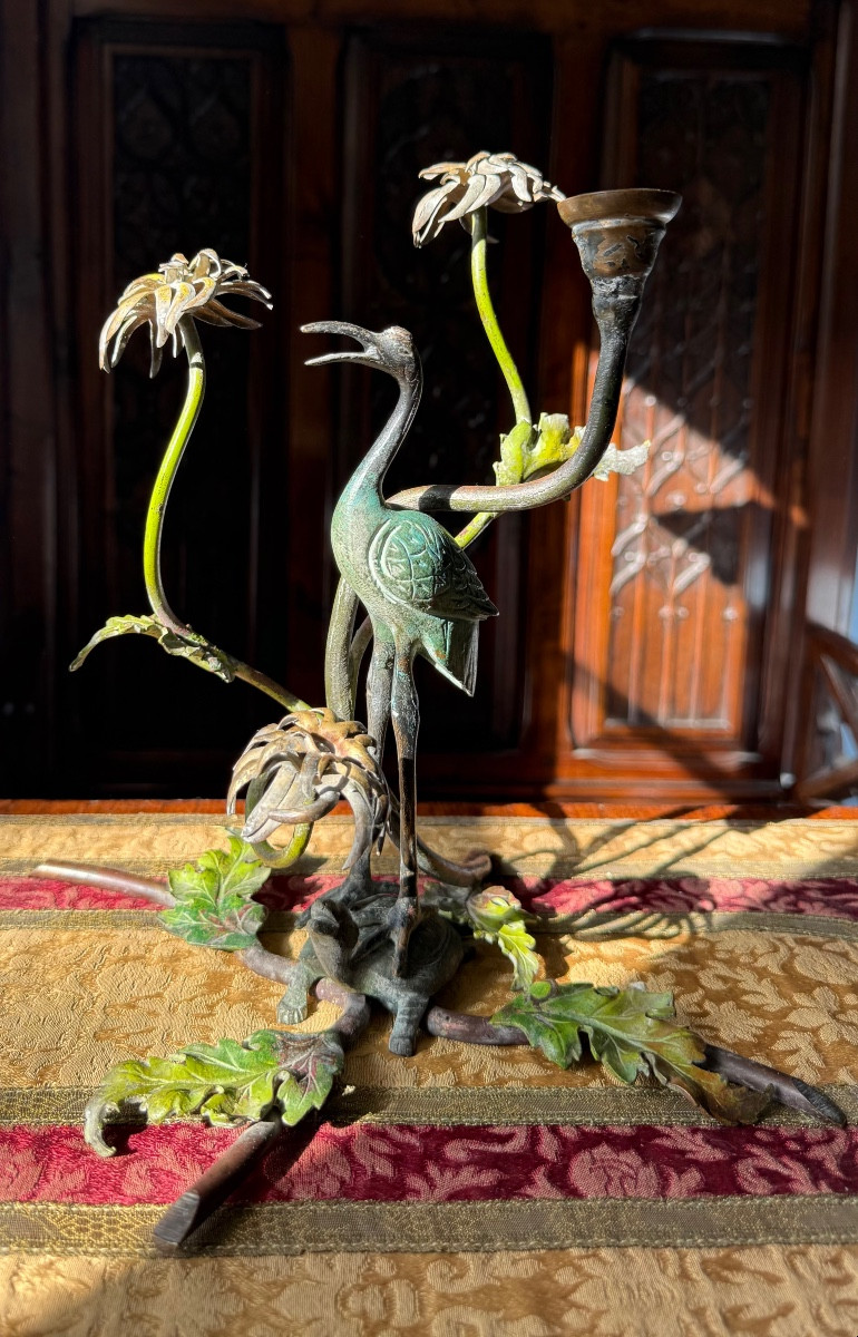 Sculpture décorative en bronze, candélabre à esthétique japonisante -École française XXᵉ