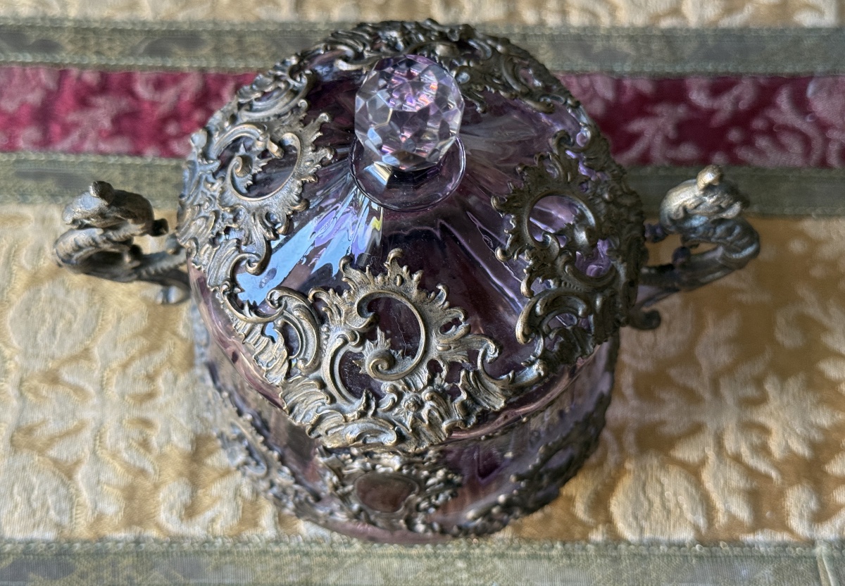 Blown Crystal Bonbonnière, Chased Bronze Mount, France, 19th Century  -photo-1
