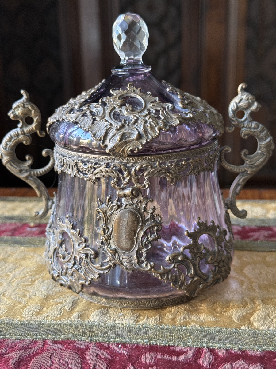Blown Crystal Bonbonnière, Chased Bronze Mount, France, 19th Century  