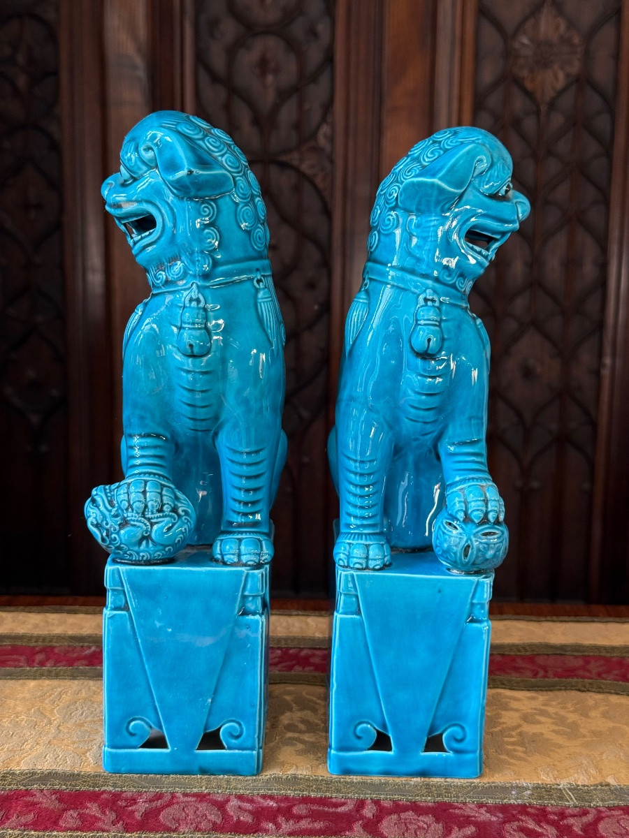 Pair Of Glazed Ceramic Foo Dogs, China, 20th Century  -photo-2
