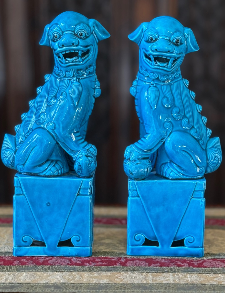 Pair Of Glazed Ceramic Foo Dogs, China, 20th Century  