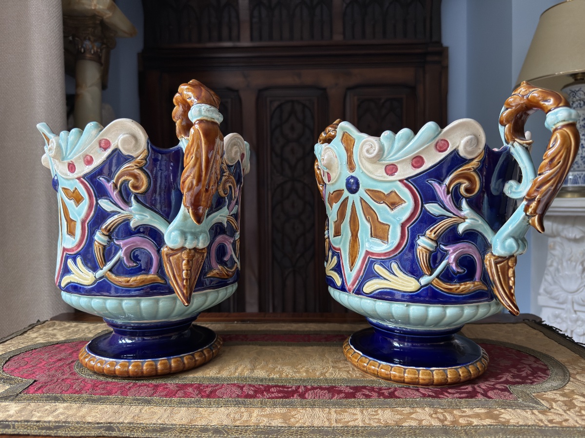 Paire de Cache‑pots Art nouveau en Barbotine, XIXè - France -photo-3