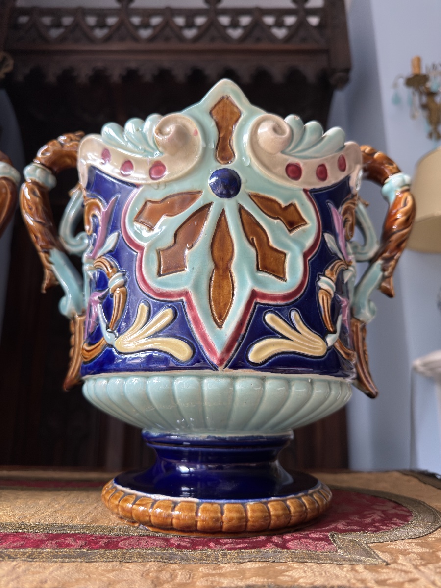 Paire de Cache‑pots Art nouveau en Barbotine, XIXè - France -photo-1