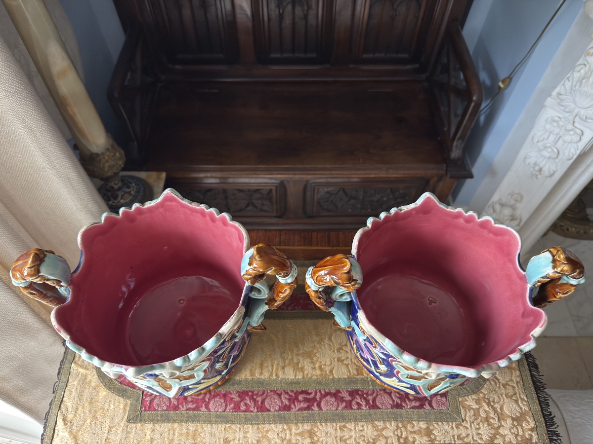 Paire de Cache‑pots Art nouveau en Barbotine, XIXè - France -photo-2