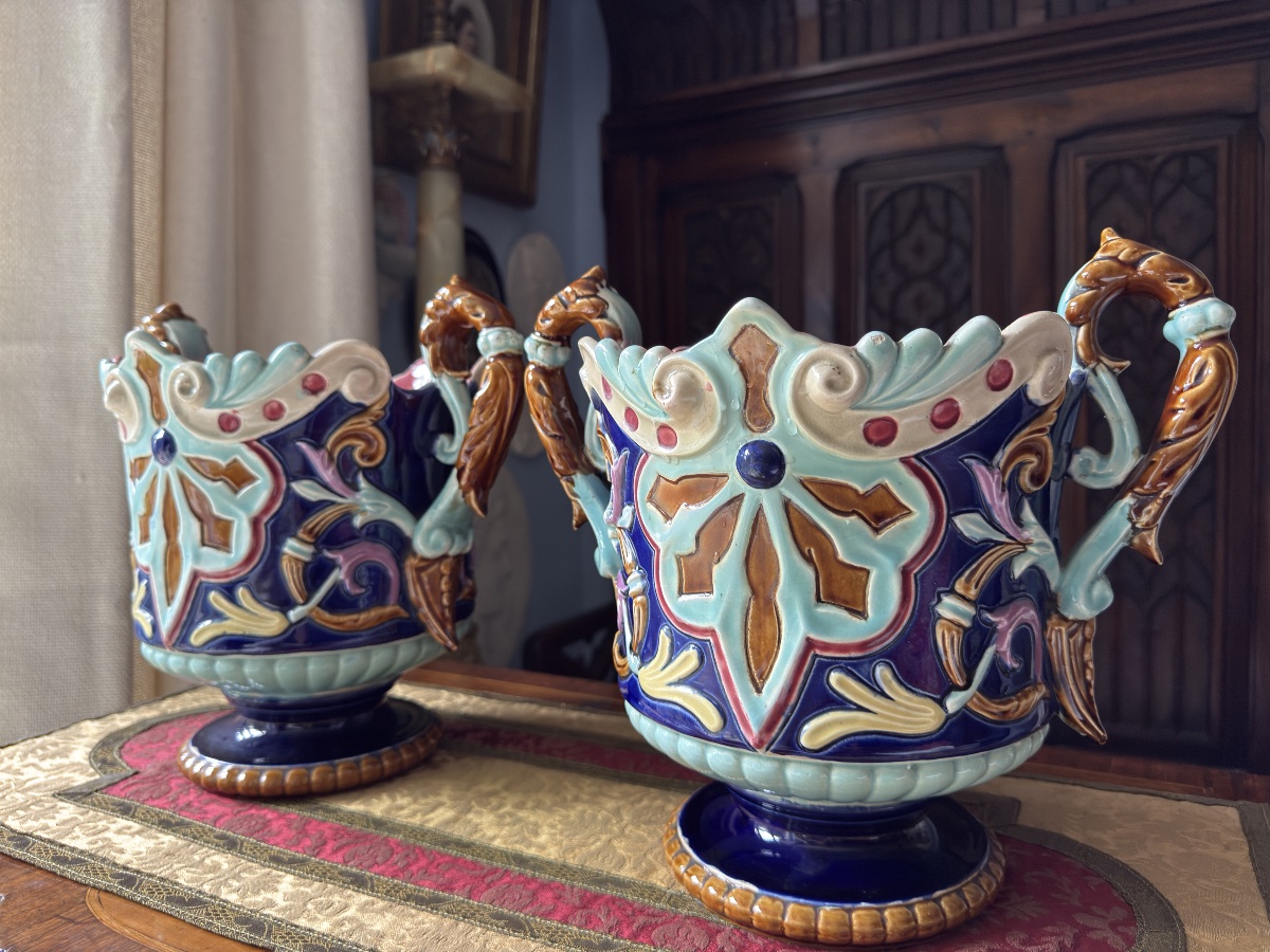 Paire de Cache‑pots Art nouveau en Barbotine, XIXè - France -photo-3