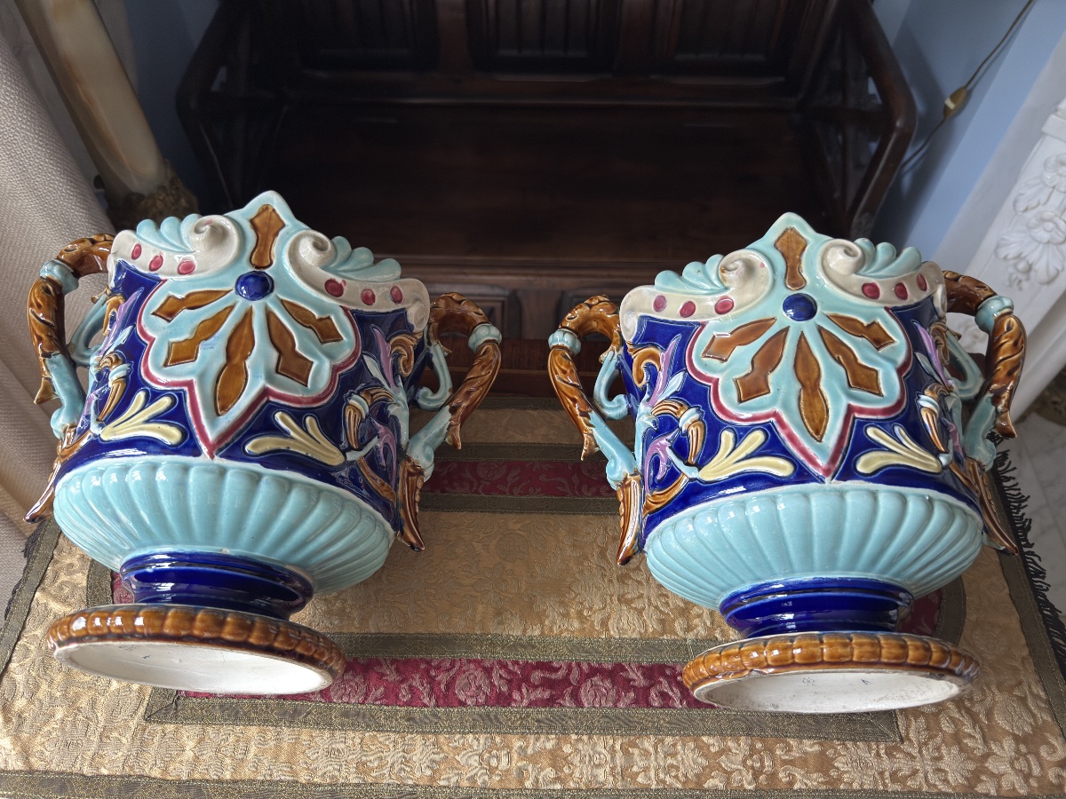 Paire de Cache‑pots Art nouveau en Barbotine, XIXè - France -photo-5