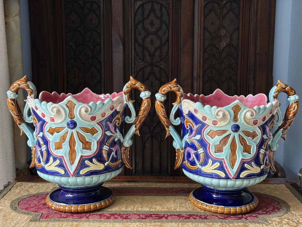 Paire de Cache‑pots Art nouveau en Barbotine, XIXè - France 