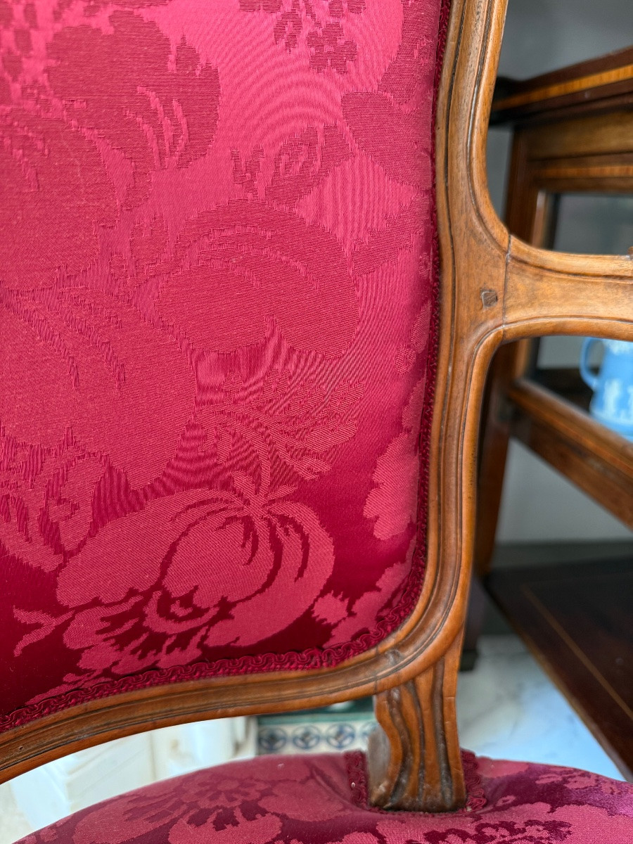 Louis XV Period "queen's Style" Pair Cabriolet Armchair In Carved Walnut, Silk Upholstery-photo-6
