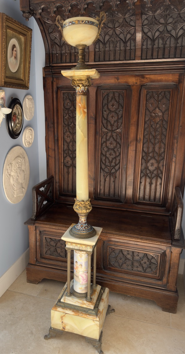 Grand Lampadaire à Pétrole en Onyx, Bronze Doré et Émaux Cloisonnés – Théodule Ribot, Fin XIXᵉ-photo-2