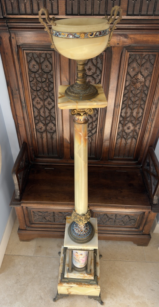 Grand Lampadaire à Pétrole en Onyx, Bronze Doré et Émaux Cloisonnés – Théodule Ribot, Fin XIXᵉ-photo-3