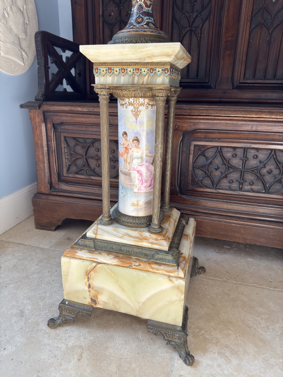 Grand Lampadaire à Pétrole en Onyx, Bronze Doré et Émaux Cloisonnés – Théodule Ribot, Fin XIXᵉ-photo-4