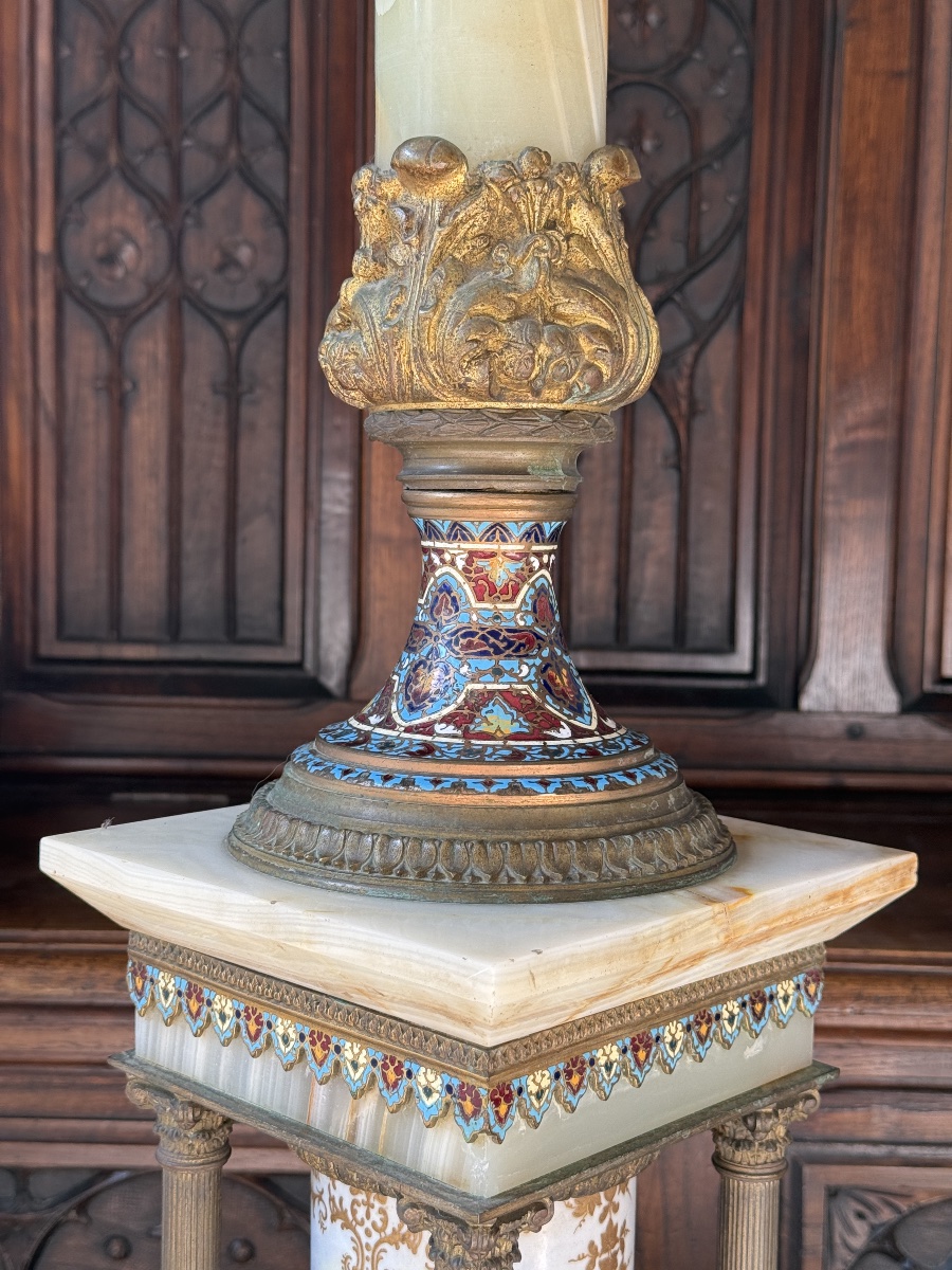 Grand Lampadaire à Pétrole en Onyx, Bronze Doré et Émaux Cloisonnés – Théodule Ribot, Fin XIXᵉ-photo-3