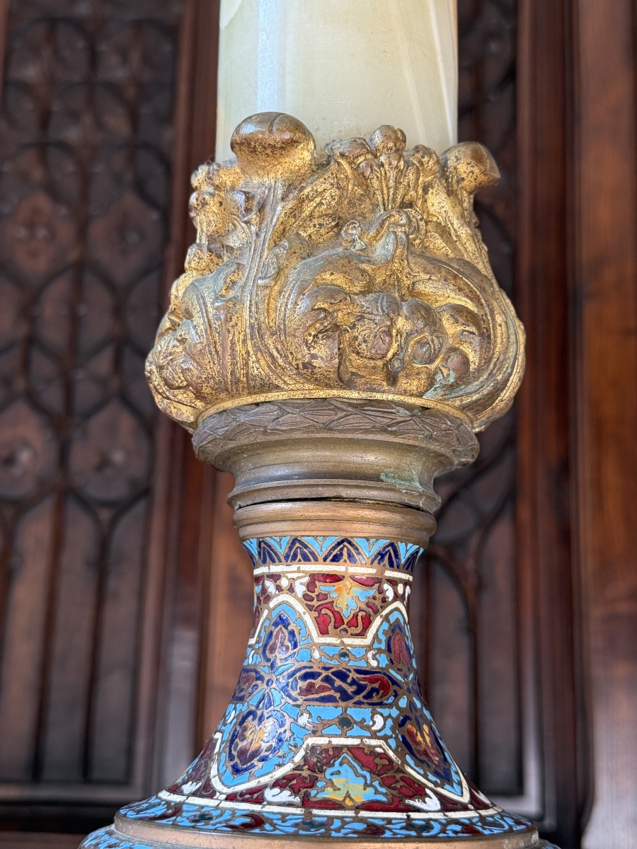 Grand Lampadaire à Pétrole en Onyx, Bronze Doré et Émaux Cloisonnés – Théodule Ribot, Fin XIXᵉ-photo-4