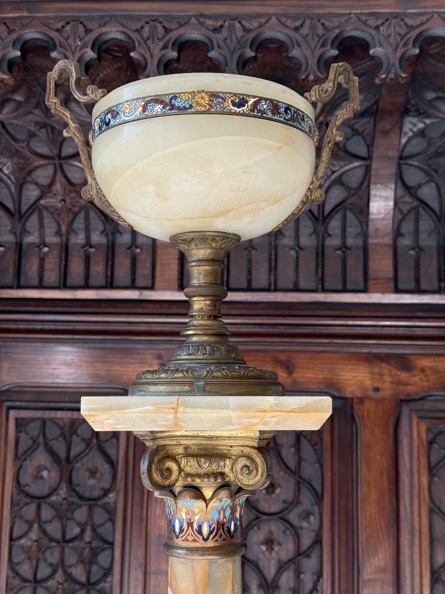 Grand Lampadaire à Pétrole en Onyx, Bronze Doré et Émaux Cloisonnés – Théodule Ribot, Fin XIXᵉ-photo-6