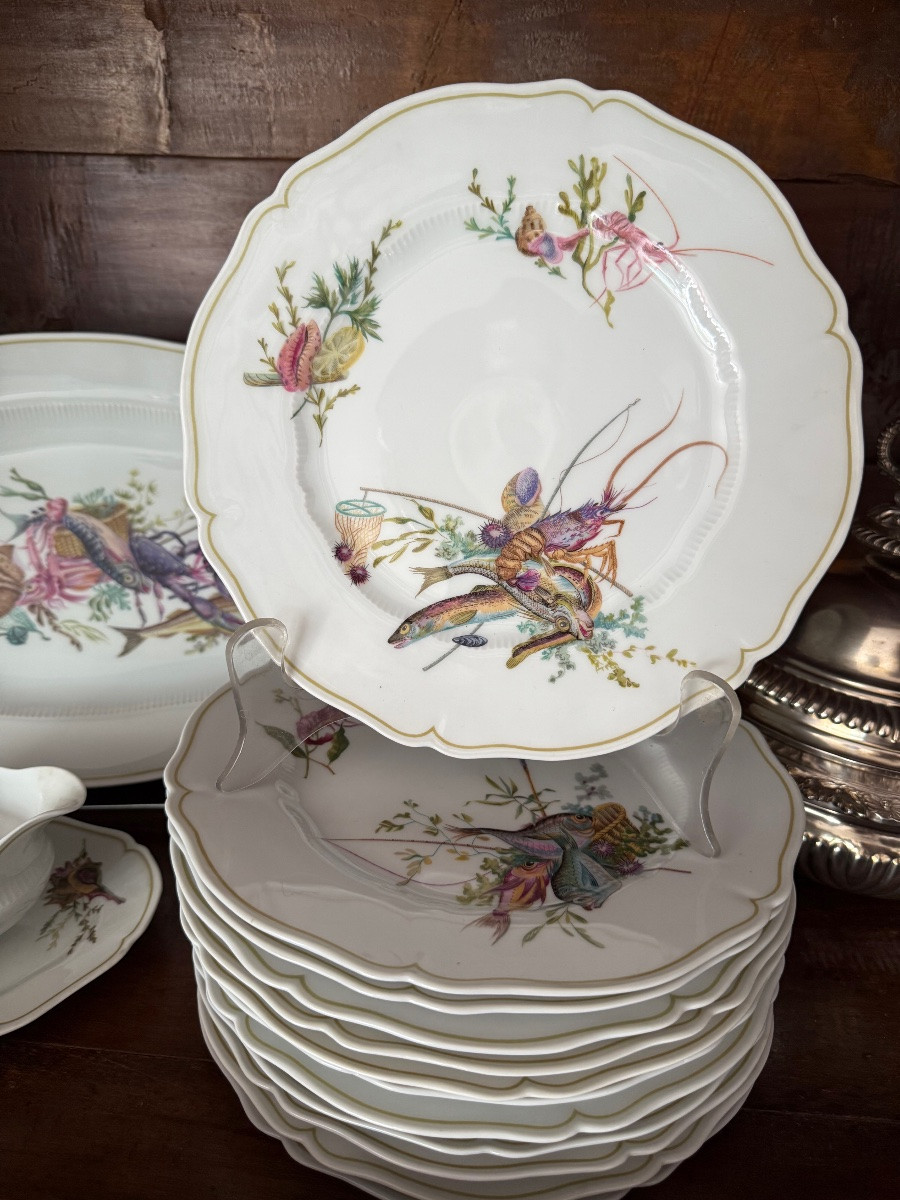 HAVILAND, LIMOGES — Service à poisson “Calanques”, une suite en 14 pièces décorative polychrome-photo-2