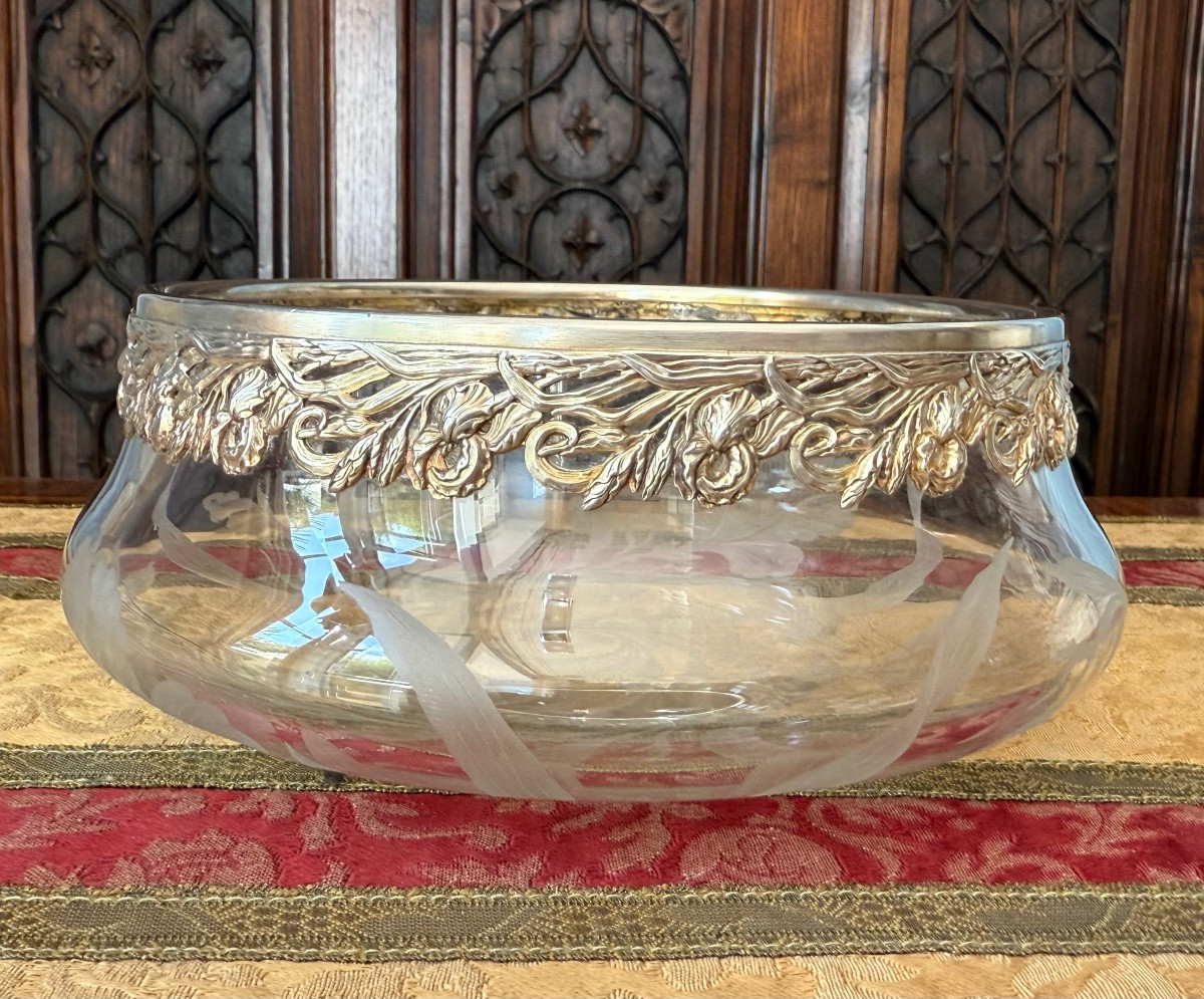 Saladier en cristal gravé, monture en argent 1er titre, poinçon Minerve France, Art nouveau  