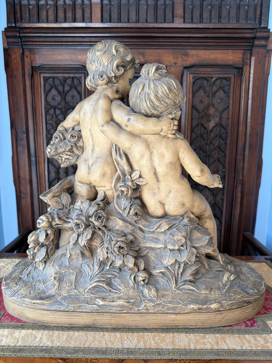 Gilles Roux – Groupe de Putti en Terre Cuite Patinée, Style Rococo d’Inspiration Baroque – 51cm-photo-4