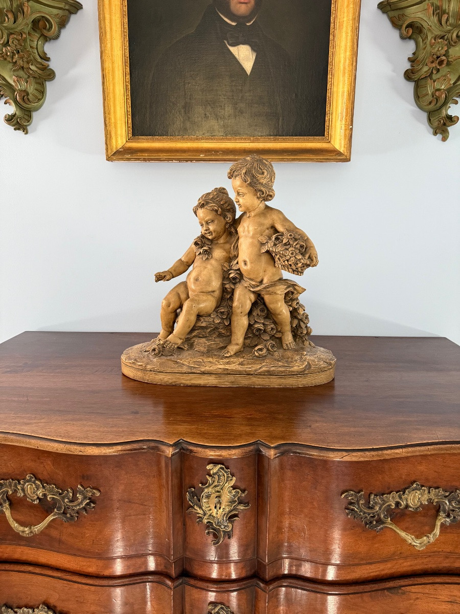 Gilles Roux – Groupe de Putti en Terre Cuite Patinée, Style Rococo d’Inspiration Baroque – 51cm-photo-8