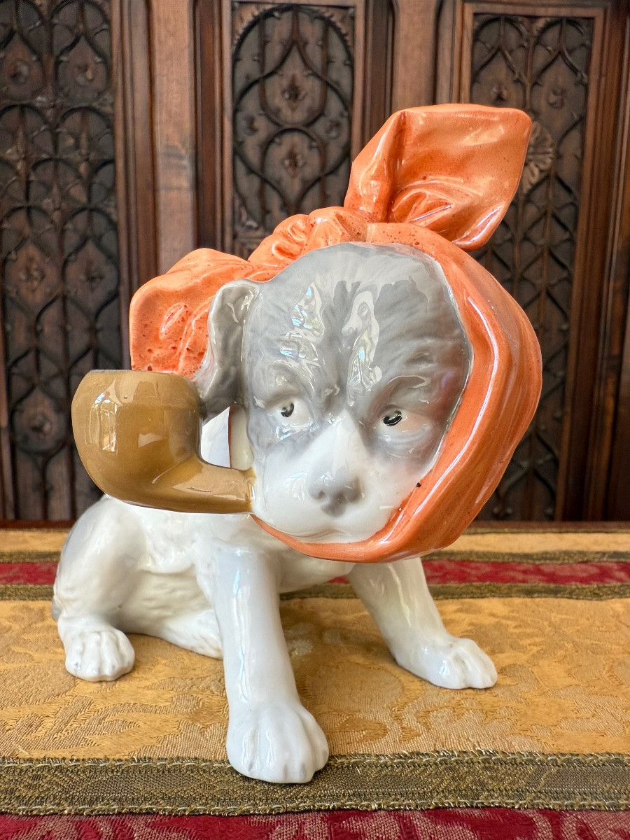 Chien en porcelaine au Mouchoir – Humour Anthropomorphe vers 1900, Gebrüder Heubach, Lichte,-photo-2