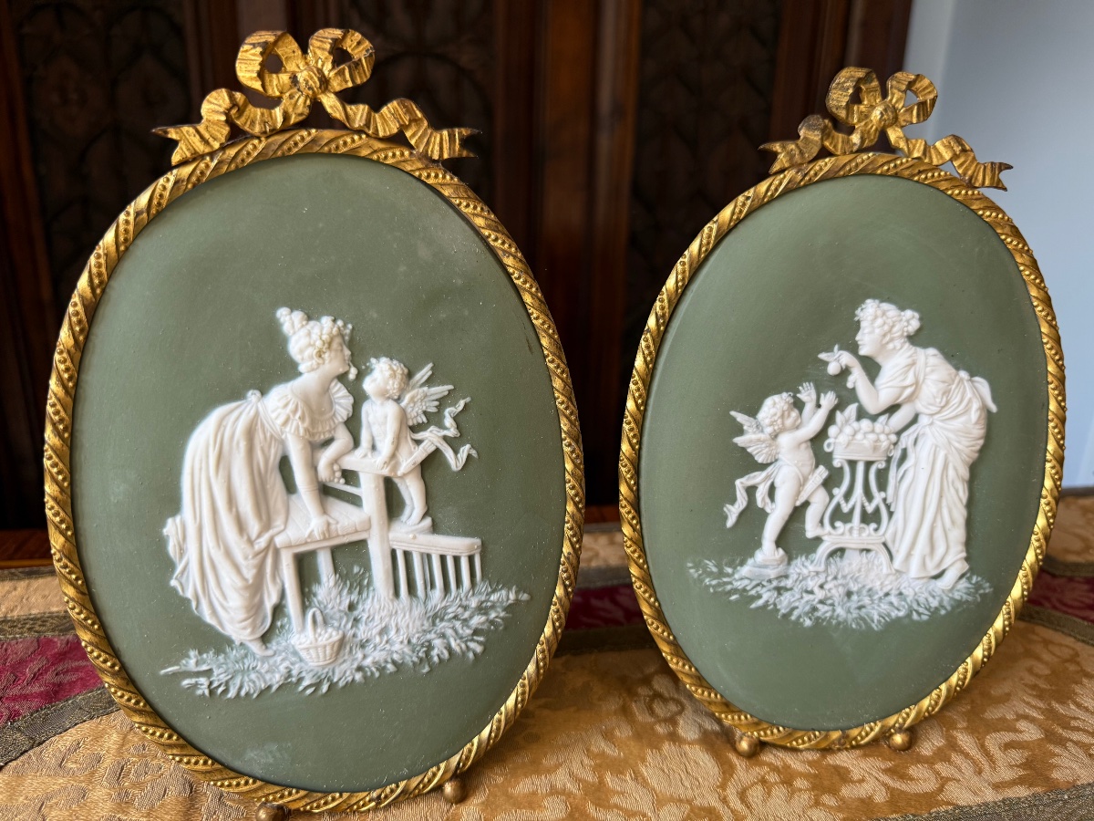 Pair Of Wedgwood Cookie Medallions - Relief Decoration - Green Jasper, Gilded Bronze Frame-photo-3