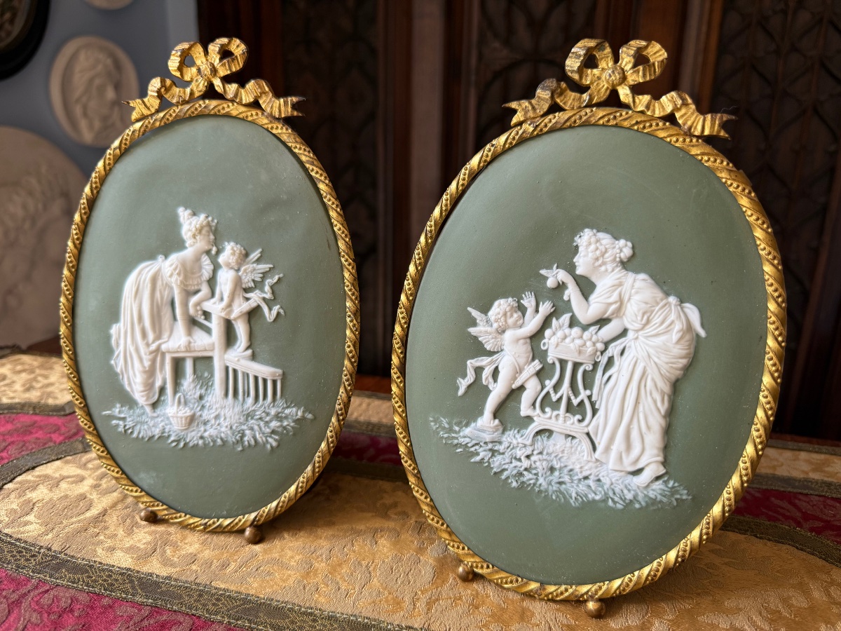 Pair Of Wedgwood Cookie Medallions - Relief Decoration - Green Jasper, Gilded Bronze Frame-photo-4