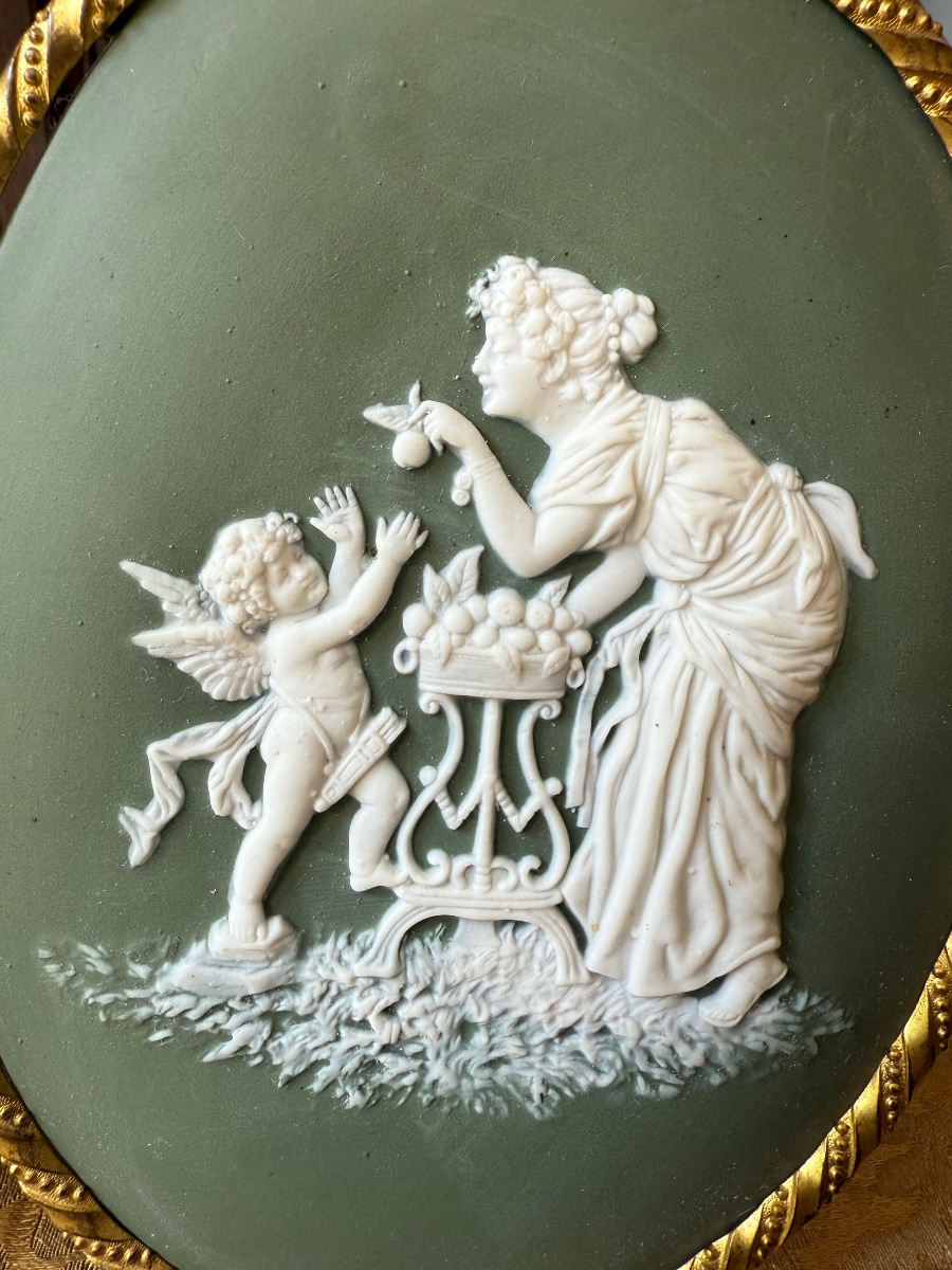 Pair Of Wedgwood Cookie Medallions - Relief Decoration - Green Jasper, Gilded Bronze Frame-photo-3