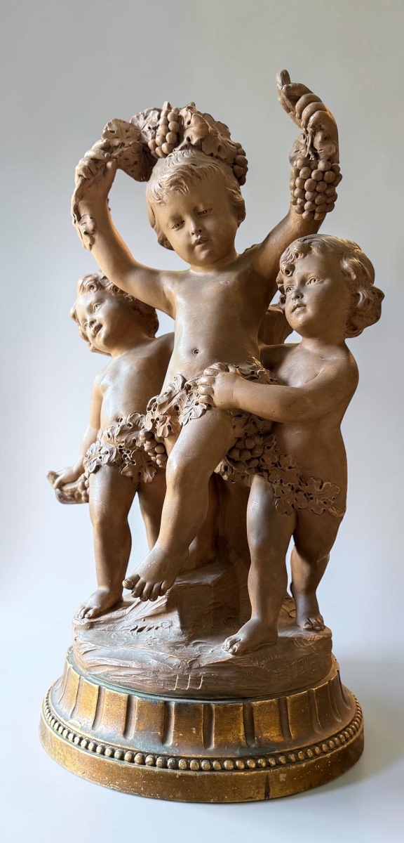 Cortège Bacchique aux Putti, Sculpture Terre Cuite Patinée, d’après Balestra, Numéroté 1396‑4-photo-2