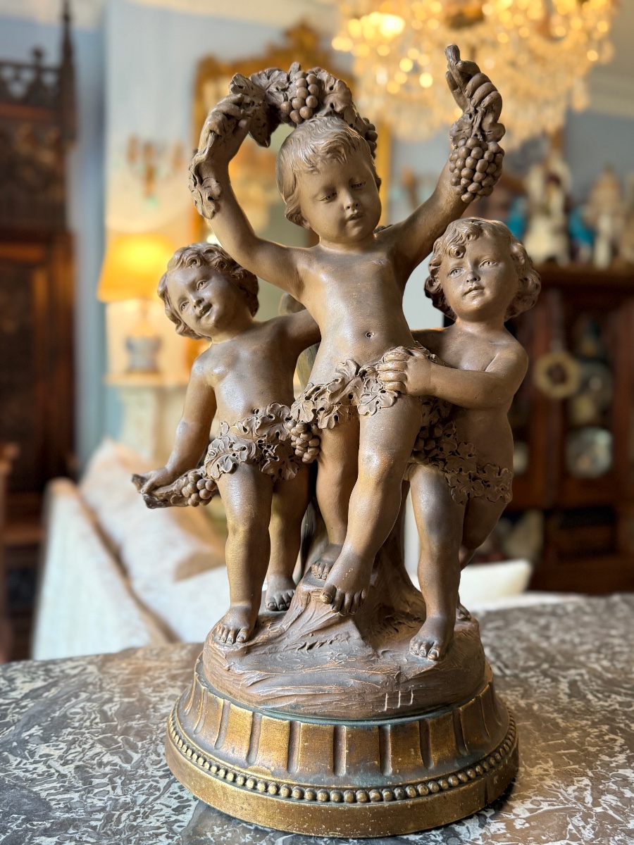 Cortège Bacchique aux Putti, Sculpture Terre Cuite Patinée, d’après Balestra, Numéroté 1396‑4-photo-3
