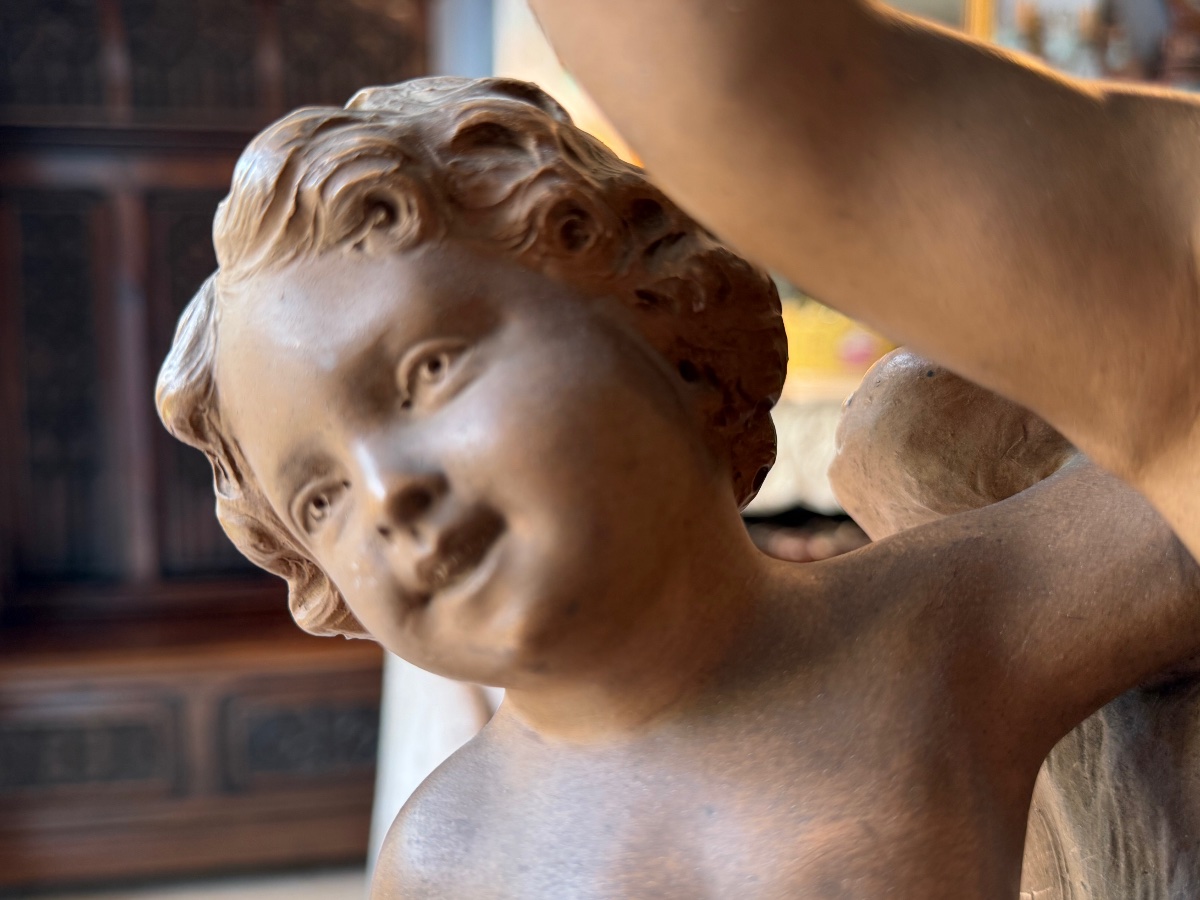 Cortège Bacchique aux Putti, Sculpture Terre Cuite Patinée, d’après Balestra, Numéroté 1396‑4-photo-2