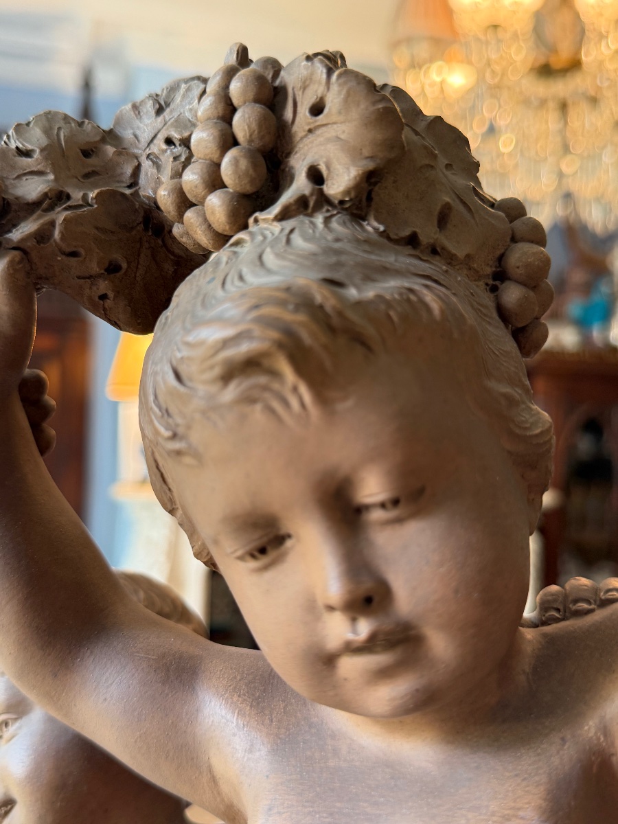 Cortège Bacchique aux Putti, Sculpture Terre Cuite Patinée, d’après Balestra, Numéroté 1396‑4-photo-3
