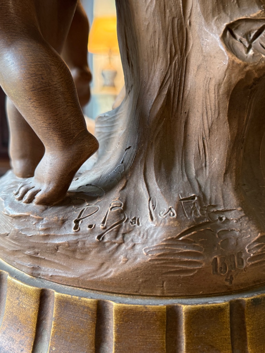 Cortège Bacchique aux Putti, Sculpture Terre Cuite Patinée, d’après Balestra, Numéroté 1396‑4-photo-4