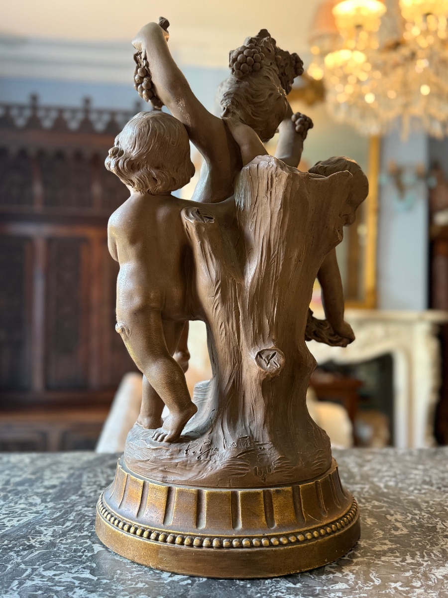 Cortège Bacchique aux Putti, Sculpture Terre Cuite Patinée, d’après Balestra, Numéroté 1396‑4-photo-5