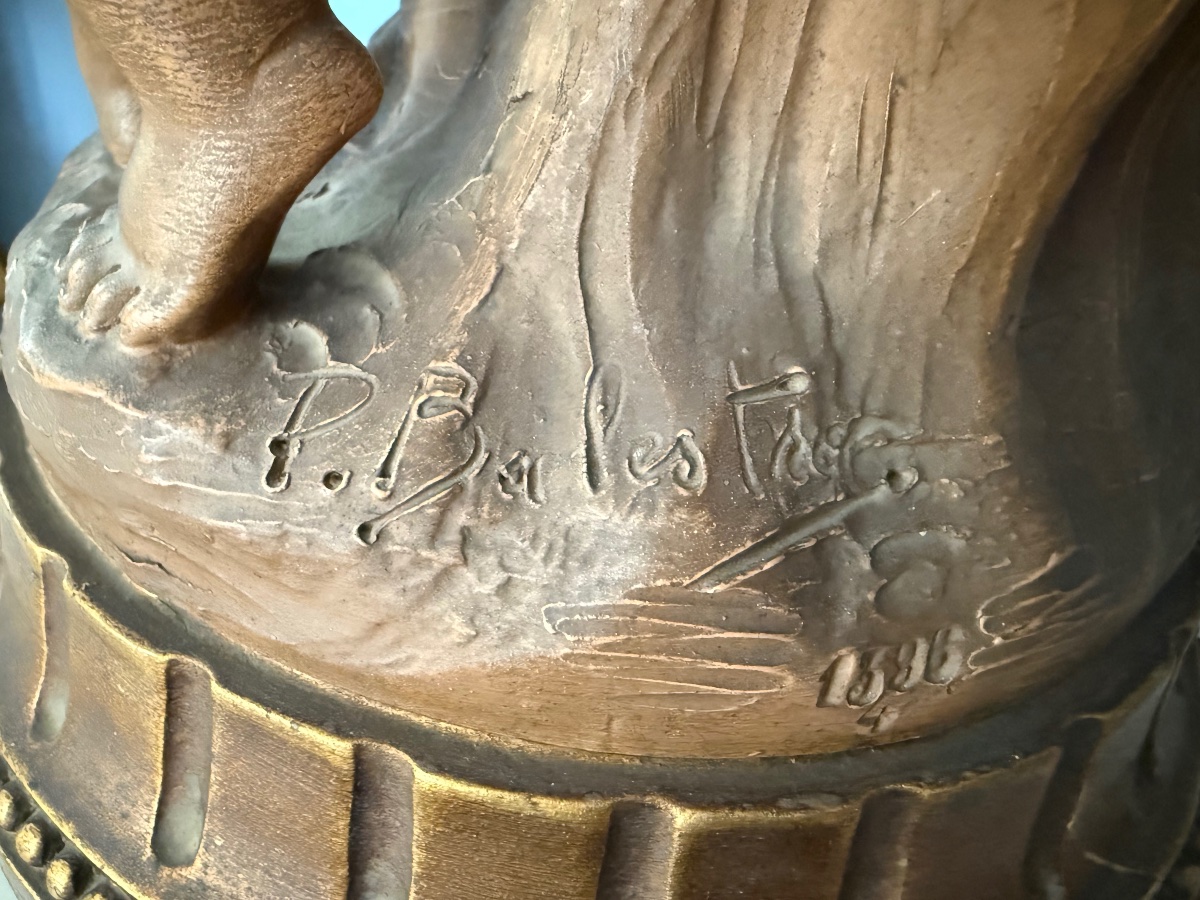 Cortège Bacchique aux Putti, Sculpture Terre Cuite Patinée, d’après Balestra, Numéroté 1396‑4-photo-7