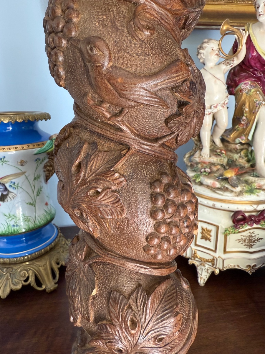 Twisted Column In Carved Oak With Vine Decor - Architectural Element - Salomonic Shaft-photo-3