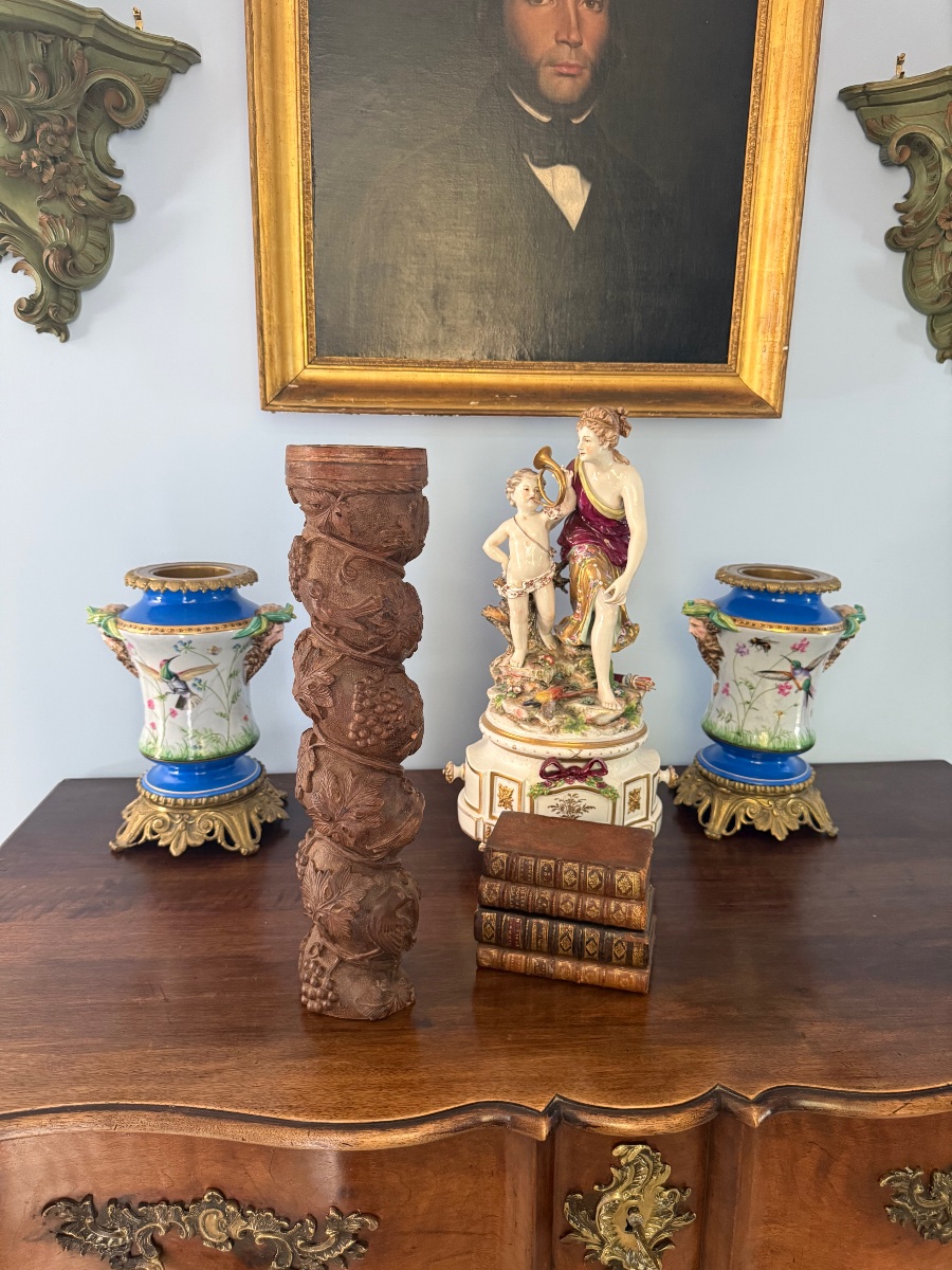 Twisted Column In Carved Oak With Vine Decor - Architectural Element - Salomonic Shaft-photo-5