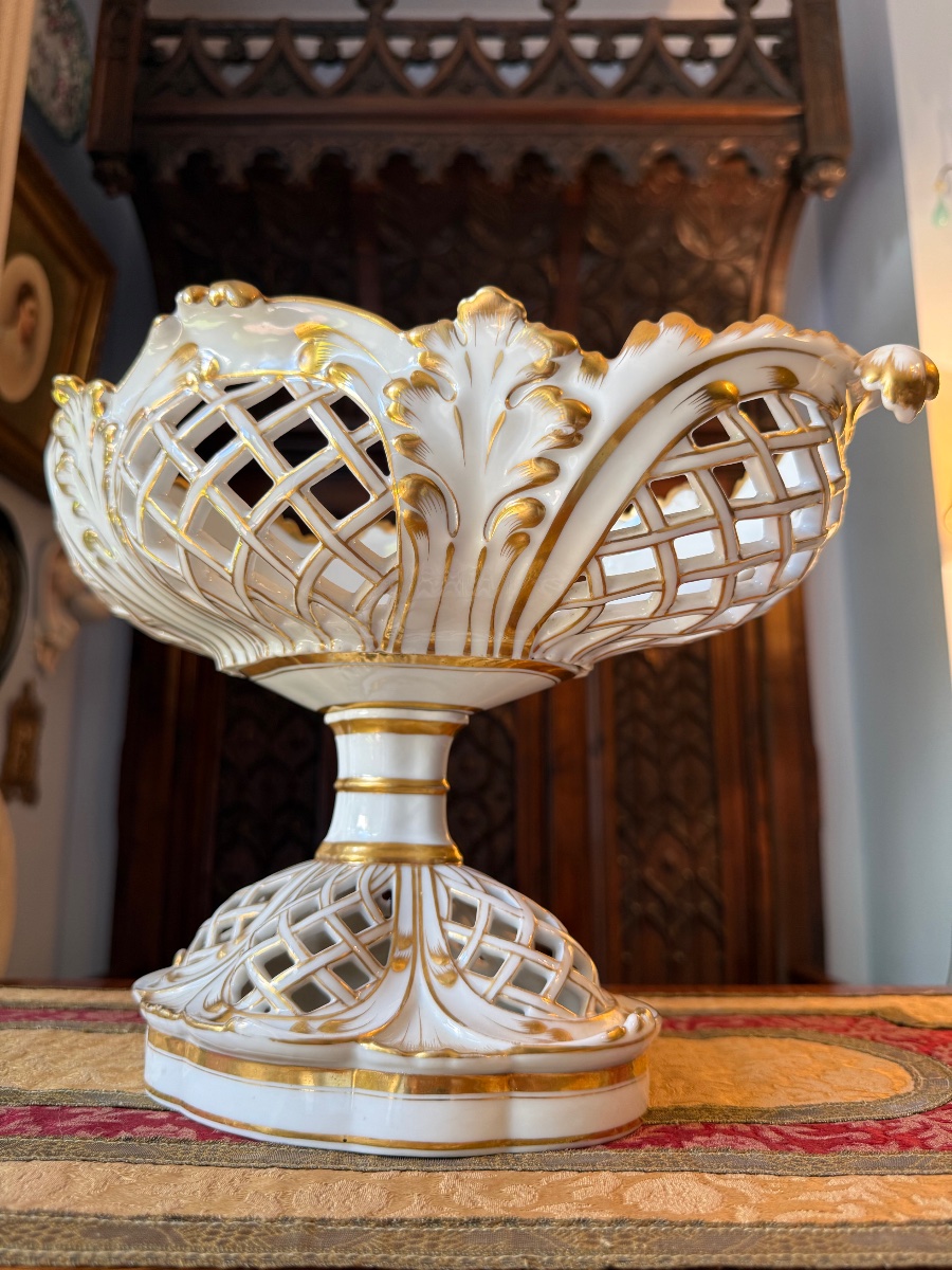 Porcelain Of Paris Bowl On Foot, Openwork Decoration And Gilded Foliage - Circa 1900-photo-7