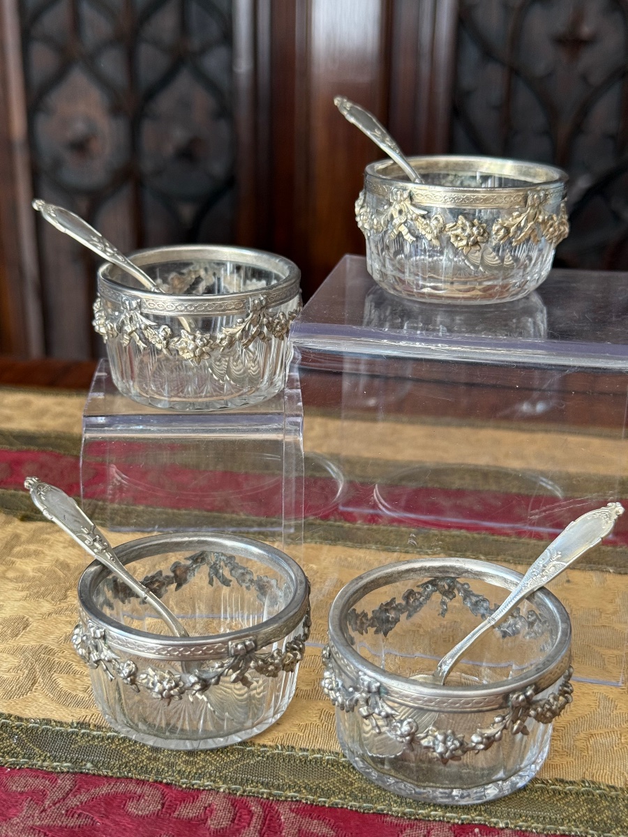 Set Of Four Minerve 1er Titre Salt Cellars In Silver And Cut Crystal, Late 19th Century-photo-3
